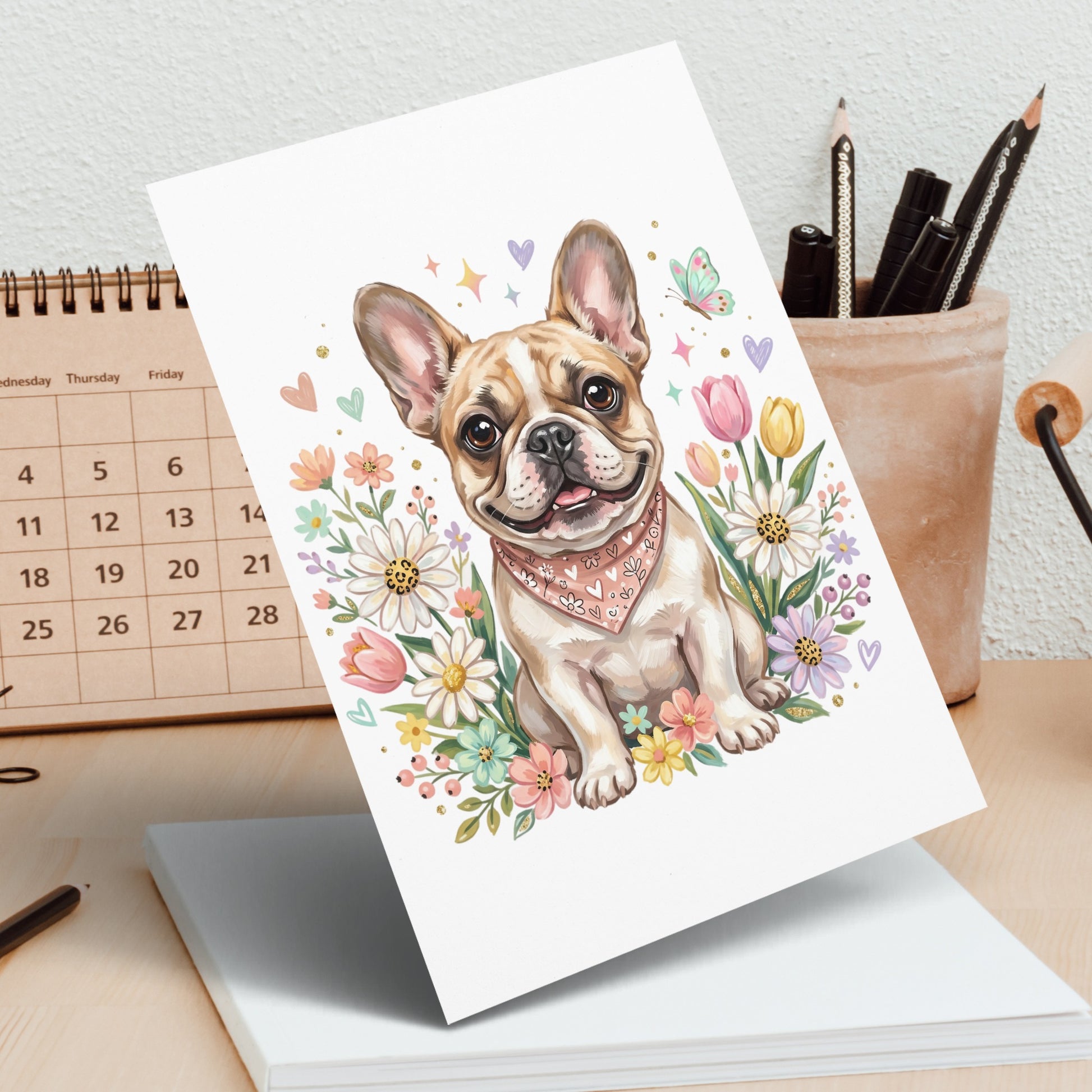 French bulldog wearing bandana among flowers, with calendar in background.