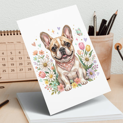 French bulldog wearing bandana among flowers, with calendar in background.