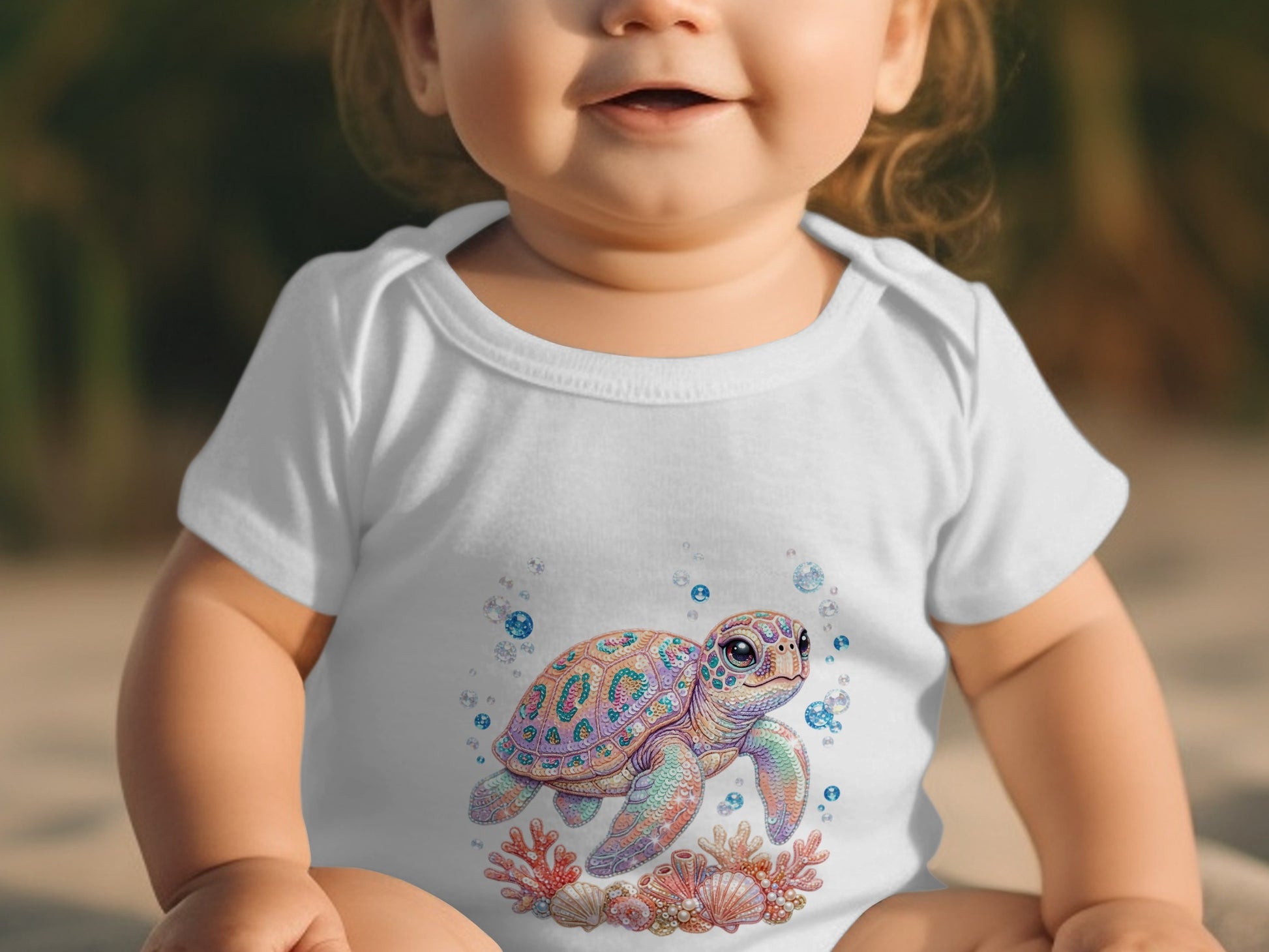 White baby onesie with a colorful sea turtle and coral graphic.