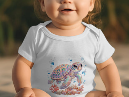 White baby onesie with a colorful sea turtle and coral graphic.
