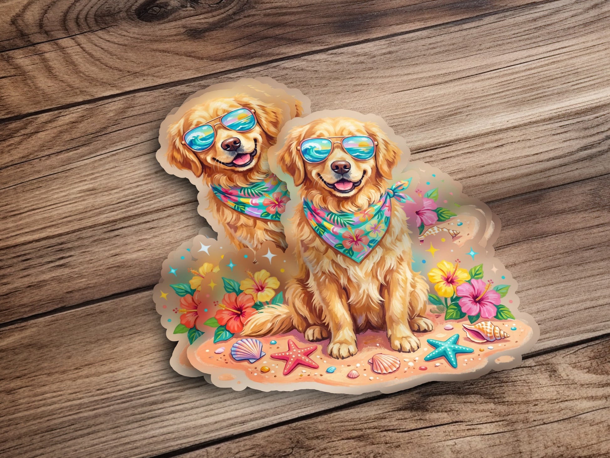 Two golden retrievers in sunglasses and bandanas sit on a beach with flowers and seashells.
