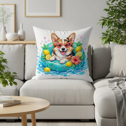 Corgi wearing heart sunglasses floats in a pool with lemons and flowers.