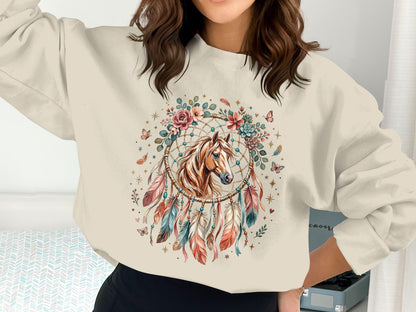 Cream sweatshirt with a floral dreamcatcher featuring a horse and feathers.