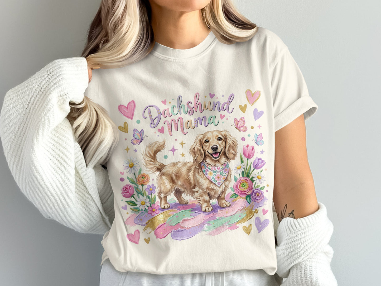 Dachshund mama text over a cheerful dachshund with flowers and pastel stripes.