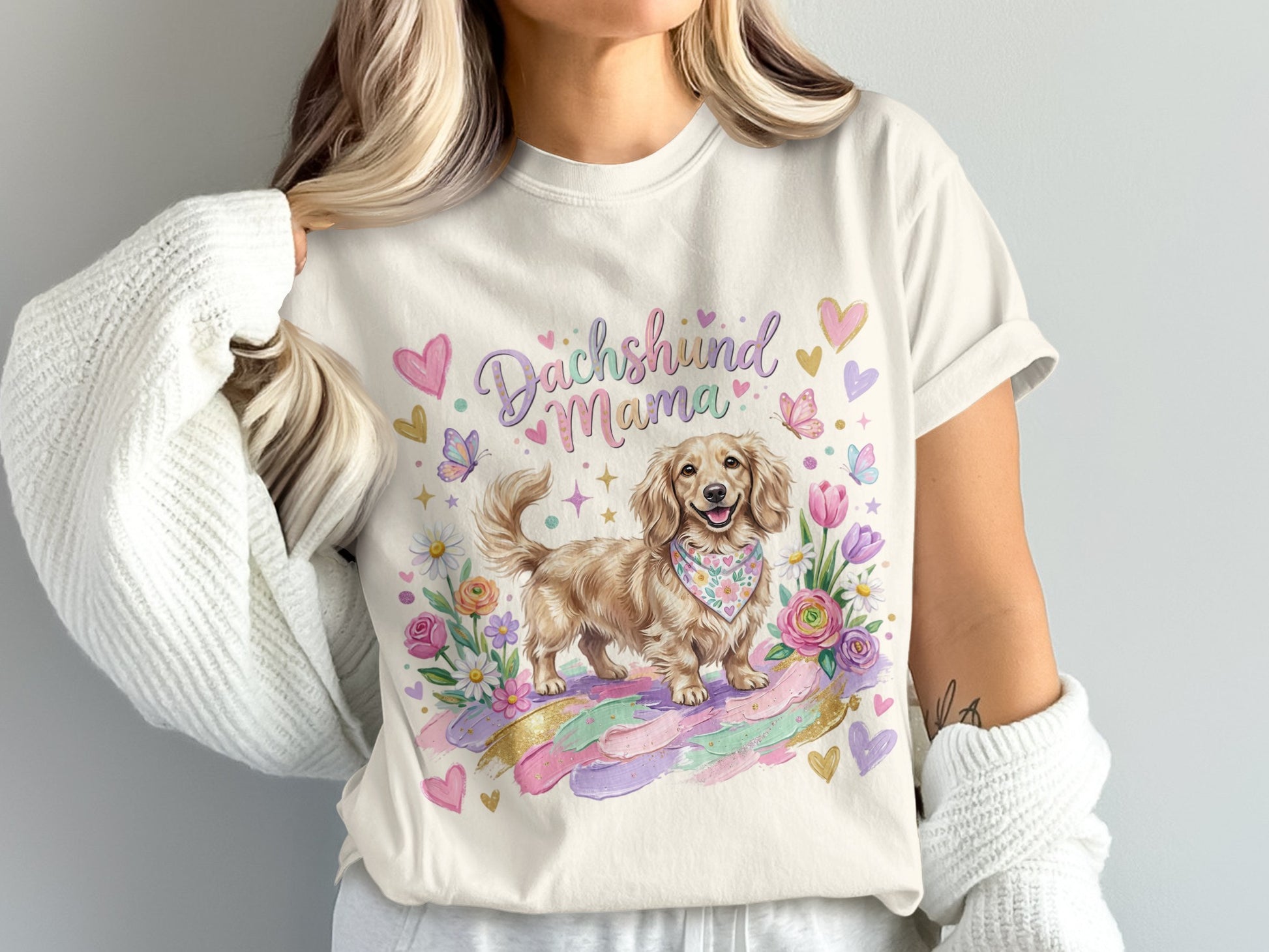 Dachshund mama text over a cheerful dachshund with flowers and pastel stripes.