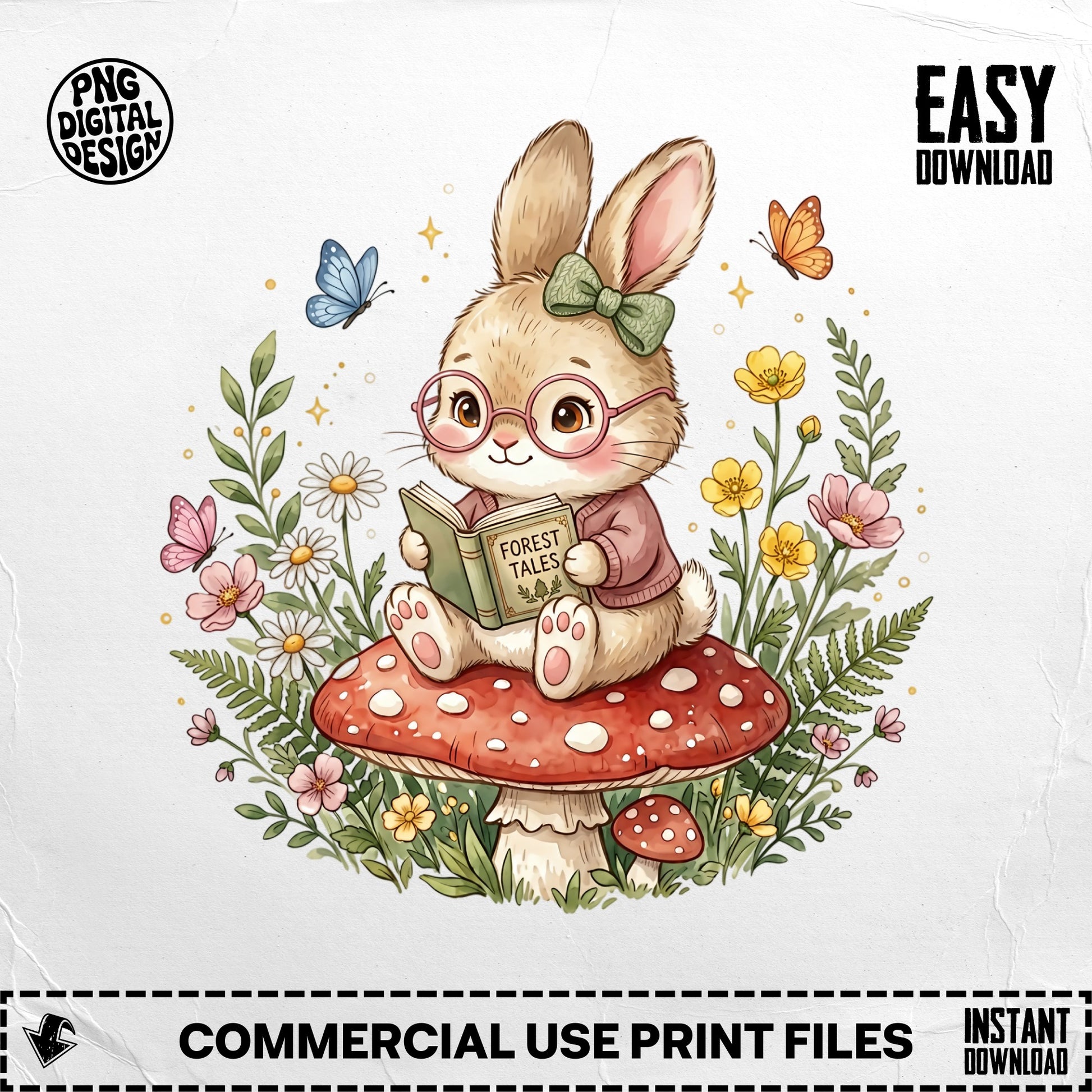 Cute bunny in glasses reads a book on a mushroom, surrounded by flowers and butterflies.