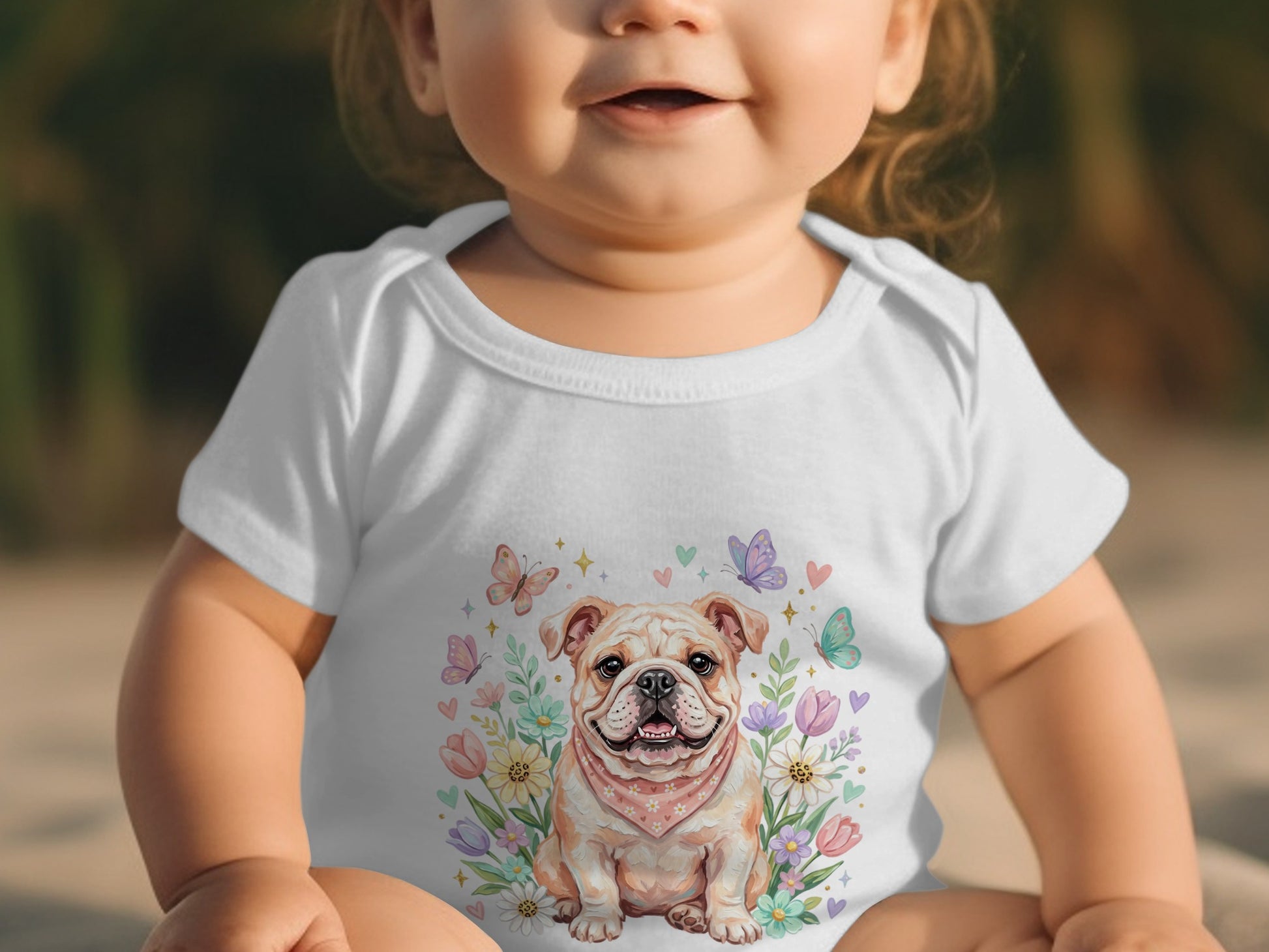 Baby in white bodysuit with a bulldog and floral graphic.