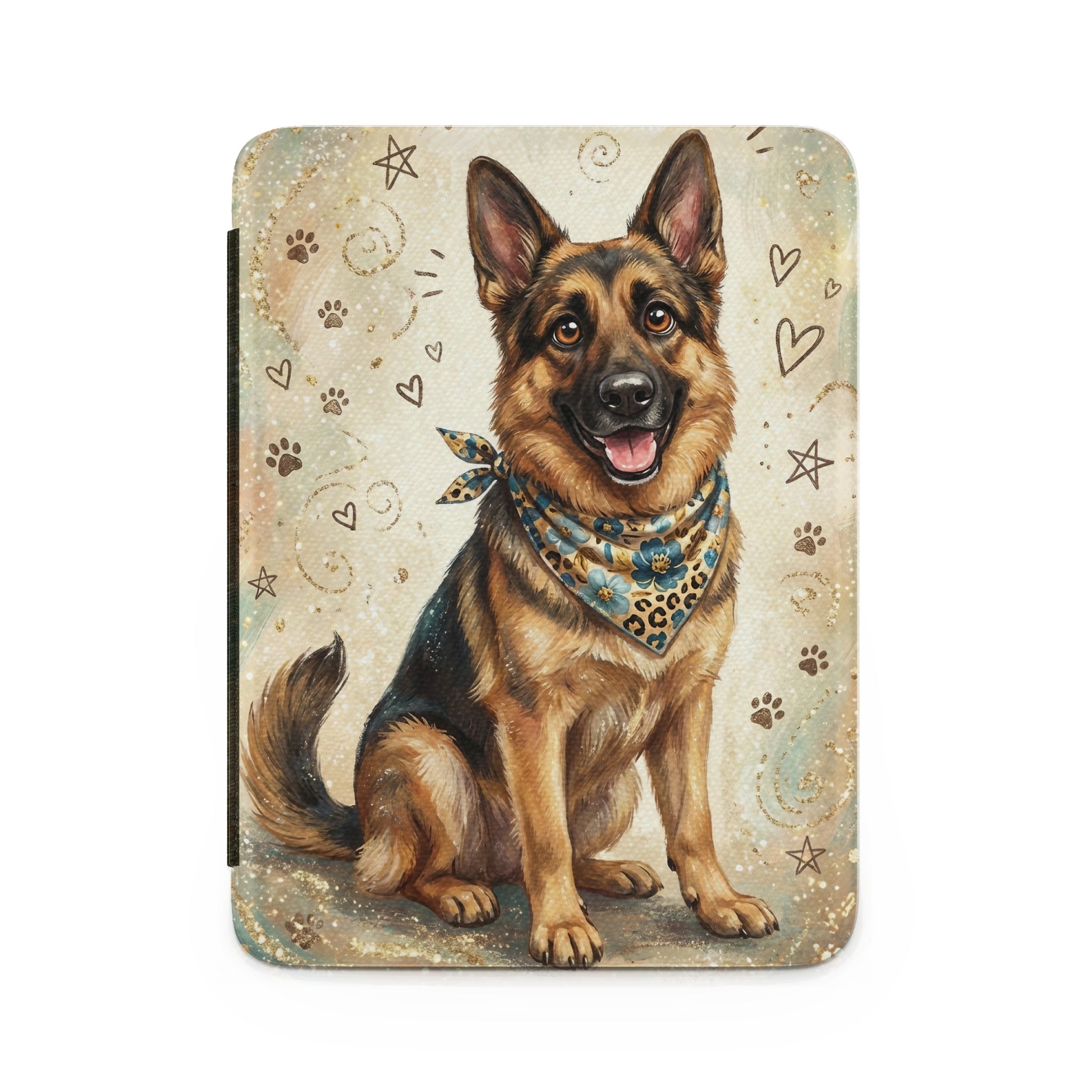 German Shepherd dog wearing a bandana, sitting with paw prints and hearts.