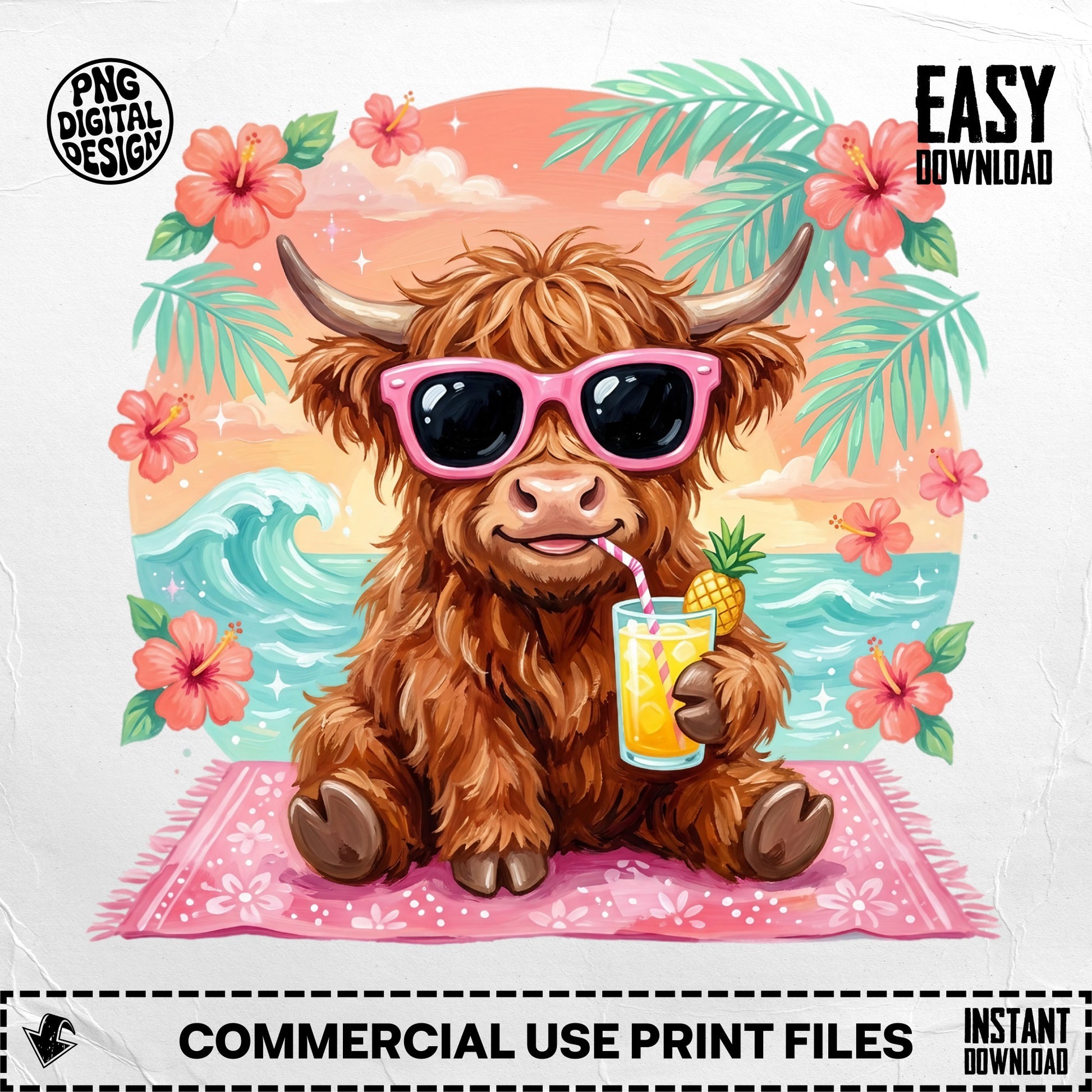 Highland cow wearing sunglasses holds a drink on a beach, surrounded by tropical flowers.
