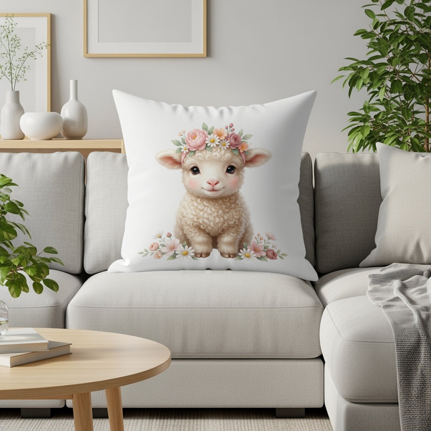 Cute lamb wearing a floral crown sits on a couch with flowers.