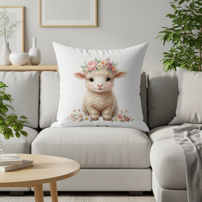 Cute lamb wearing a floral crown sits on a couch with flowers.