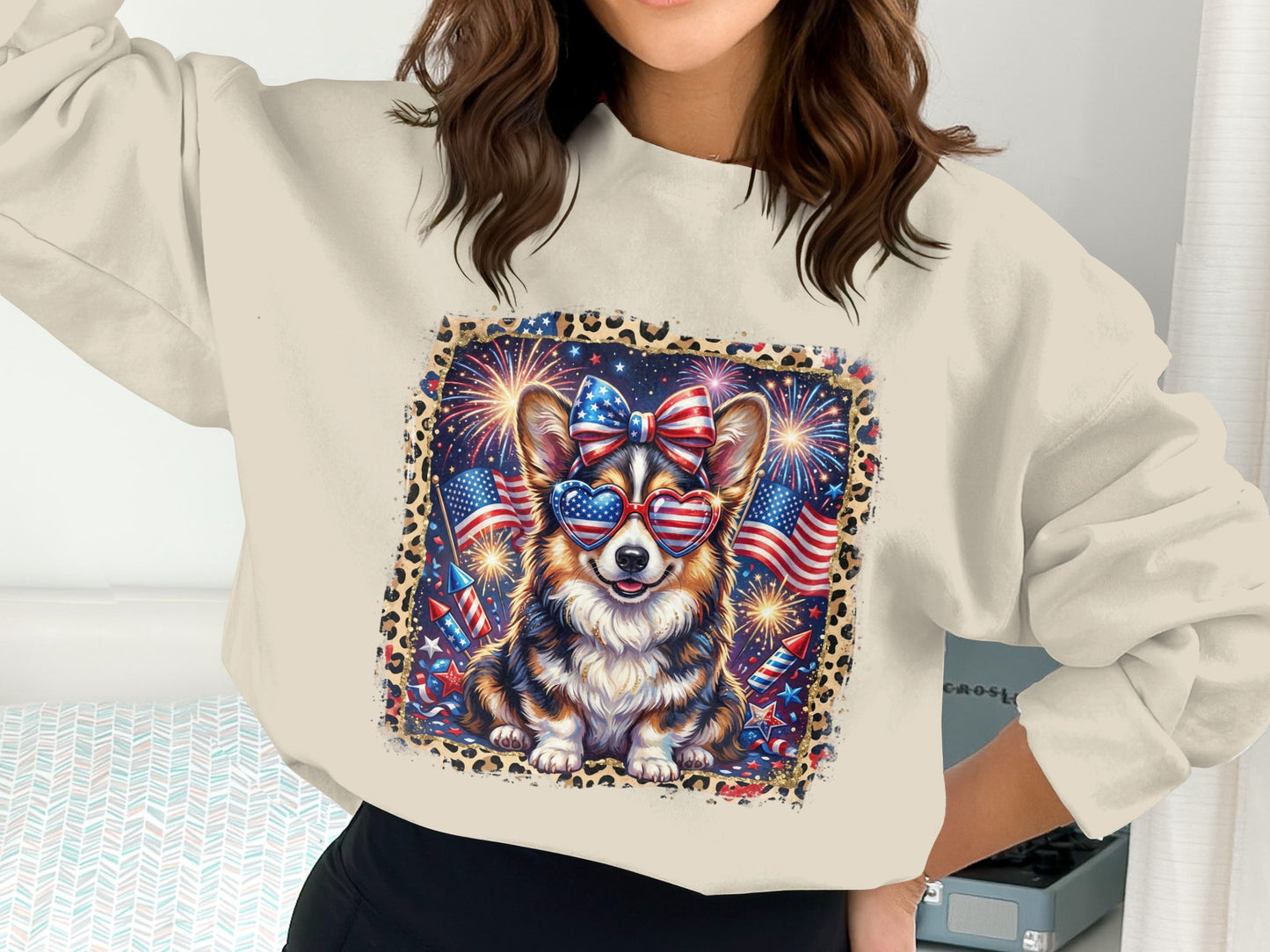 Corgi wearing American flag sunglasses and a bow, celebrating with fireworks.