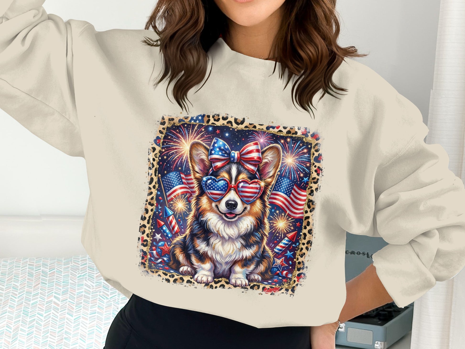 Corgi wearing American flag sunglasses and a bow, celebrating with fireworks.