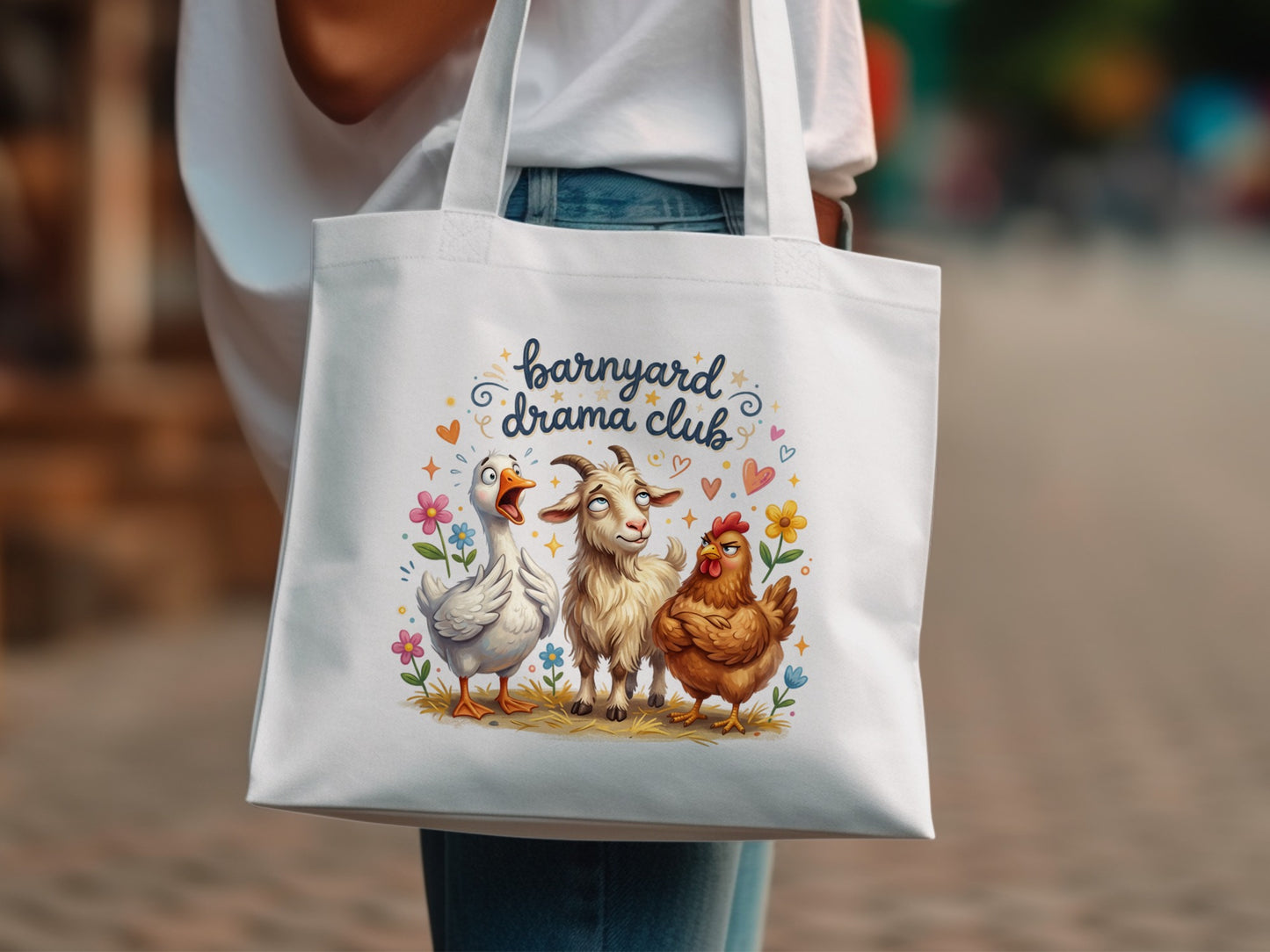 Barnyard Drama Club tote bag with cartoon chicken, goat, and duck.