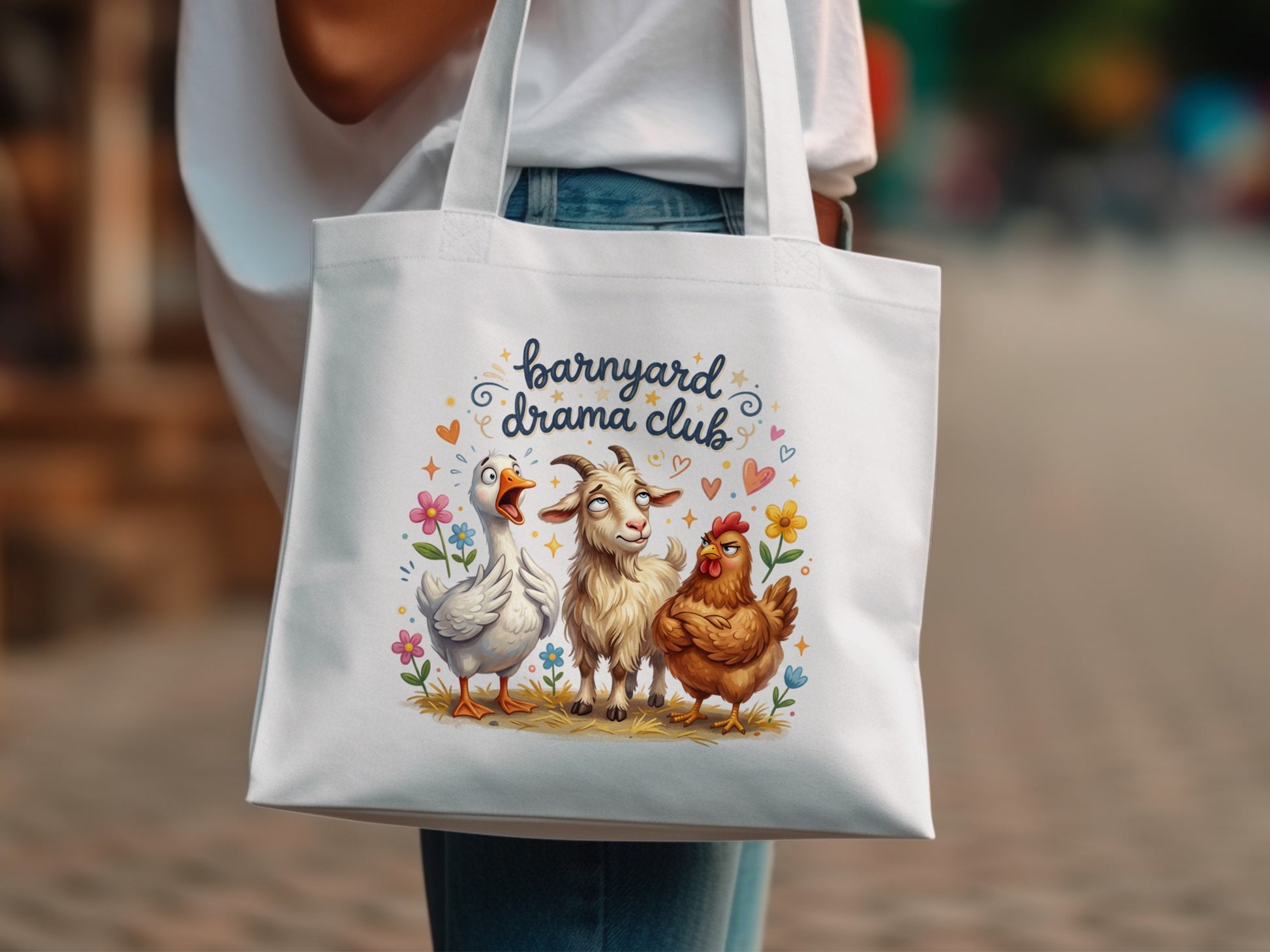 Barnyard Drama Club tote bag with cartoon chicken, goat, and duck.