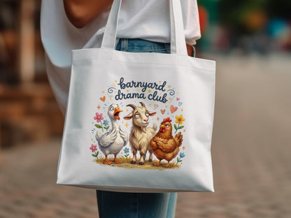 Barnyard Drama Club tote bag with cartoon chicken, goat, and duck.