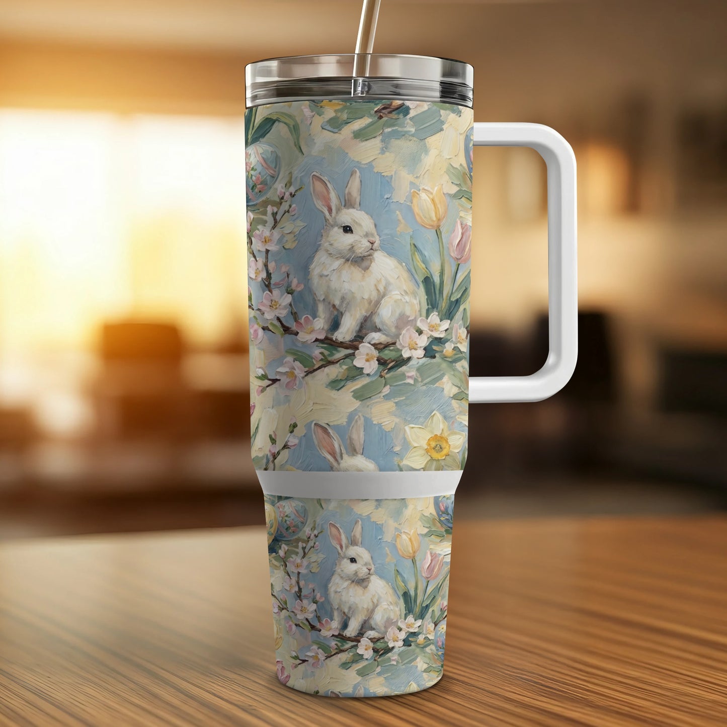 White bunny on floral background with tulips on a travel tumbler.