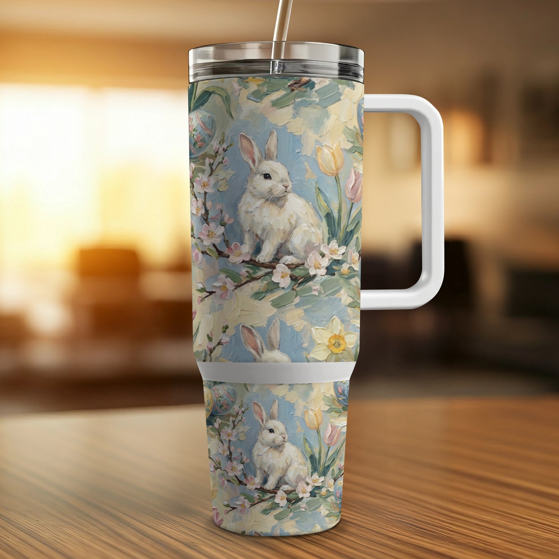 White bunny on floral background with tulips on a travel tumbler.