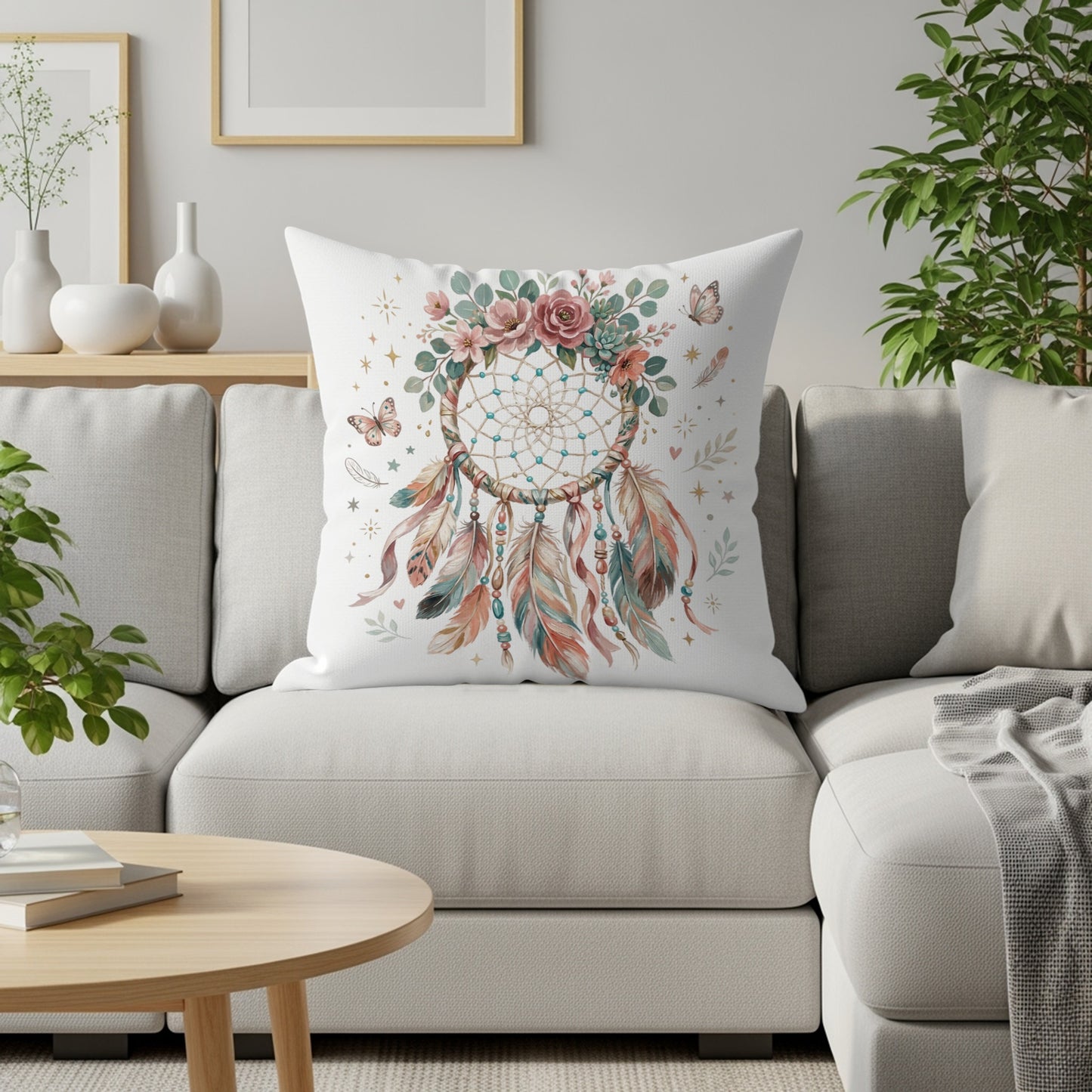 Dreamcatcher pillow with floral accents on a white couch.