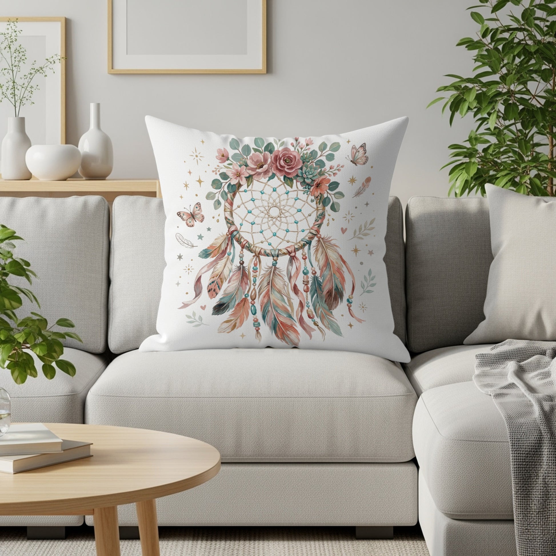 Dreamcatcher pillow with floral accents on a white couch.