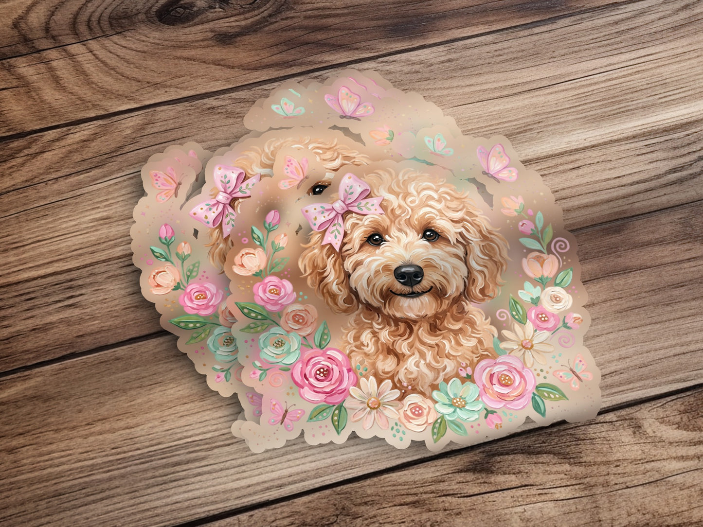 Golden doodle puppy with bows and flowers, soft artistic illustration.