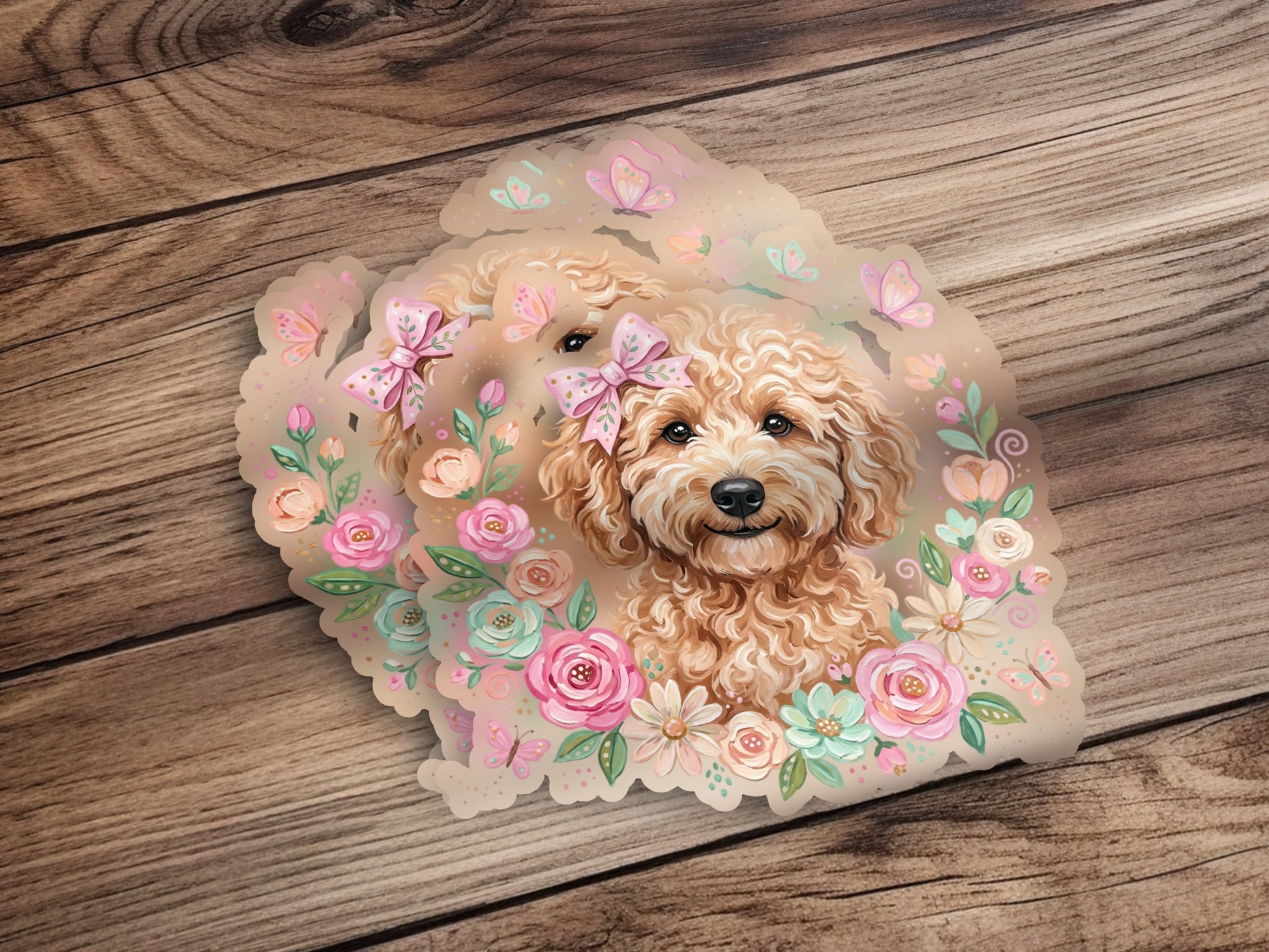 Golden doodle puppy with bows and flowers, soft artistic illustration.
