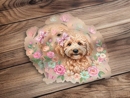 Golden doodle puppy with bows and flowers, soft artistic illustration.