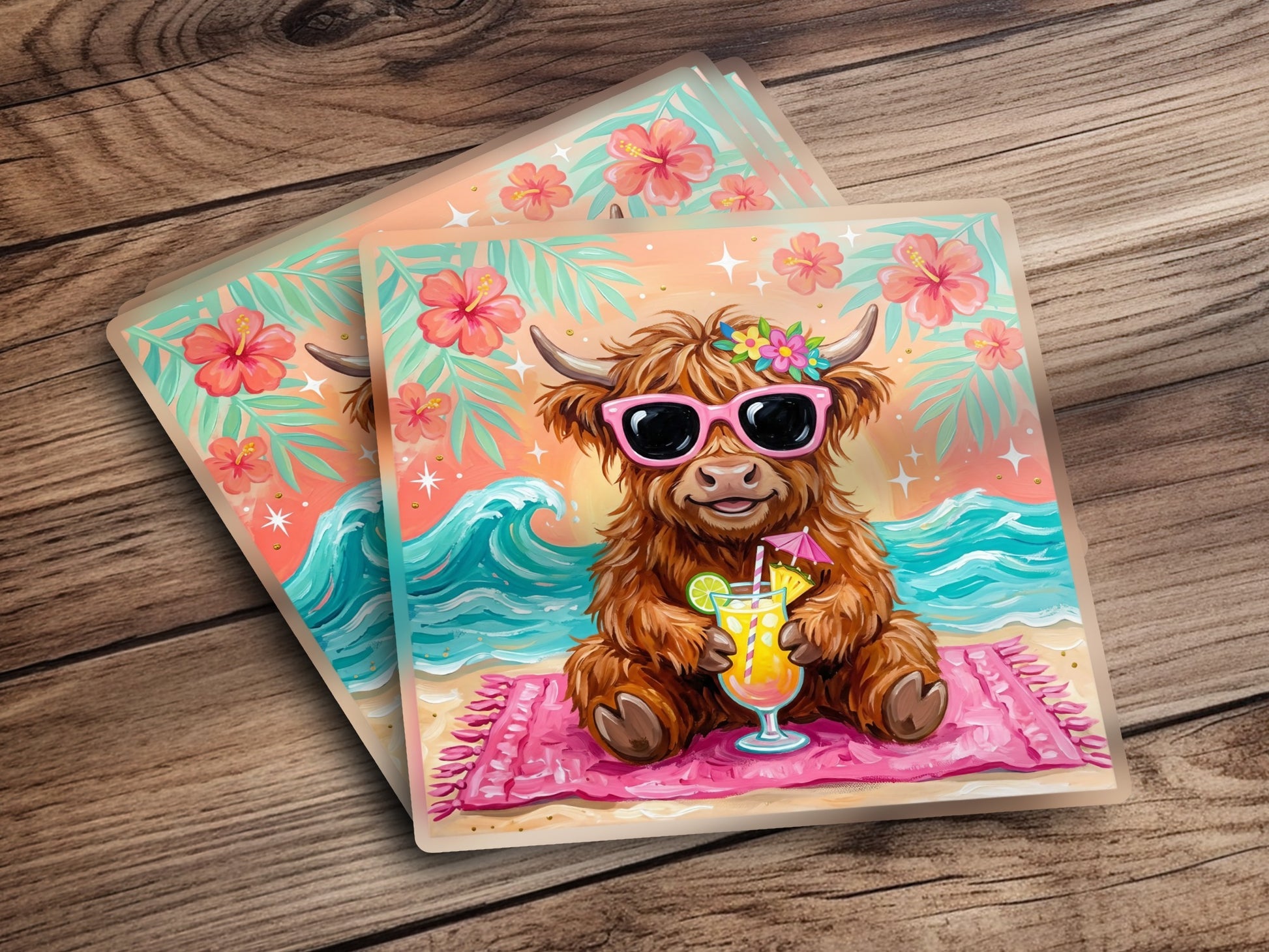 Coaster with cartoon Highland cow in sunglasses holding a drink on a beach.