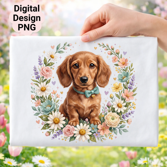 Dachshund puppy with floral wreath and bow tie.
