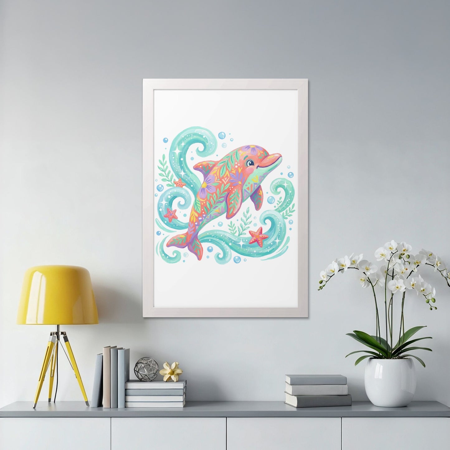 Colorful dolphin illustration with floral patterns swimming in blue waves.