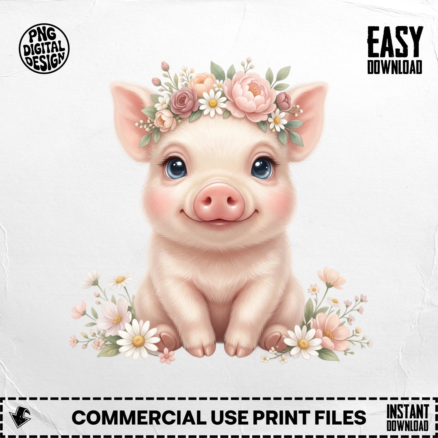 Cute pig wearing a floral crown, surrounded by flowers.