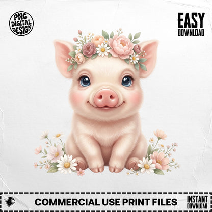 Cute pig wearing a floral crown, surrounded by flowers.