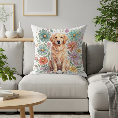 Golden retriever dog sitting on a pillow with pastel flowers.