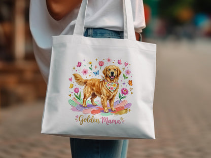 Golden Retriever wearing floral bandana on white tote bag with "Golden Mama" text.