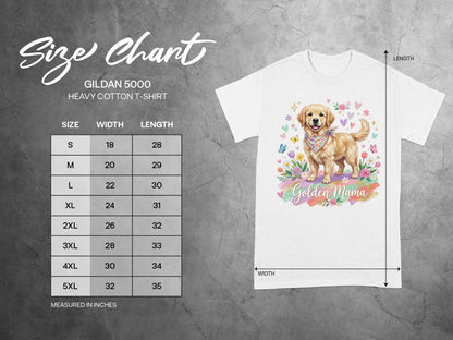 Gildan 5000 t-shirt with size chart and "Golden Mama" graphic.