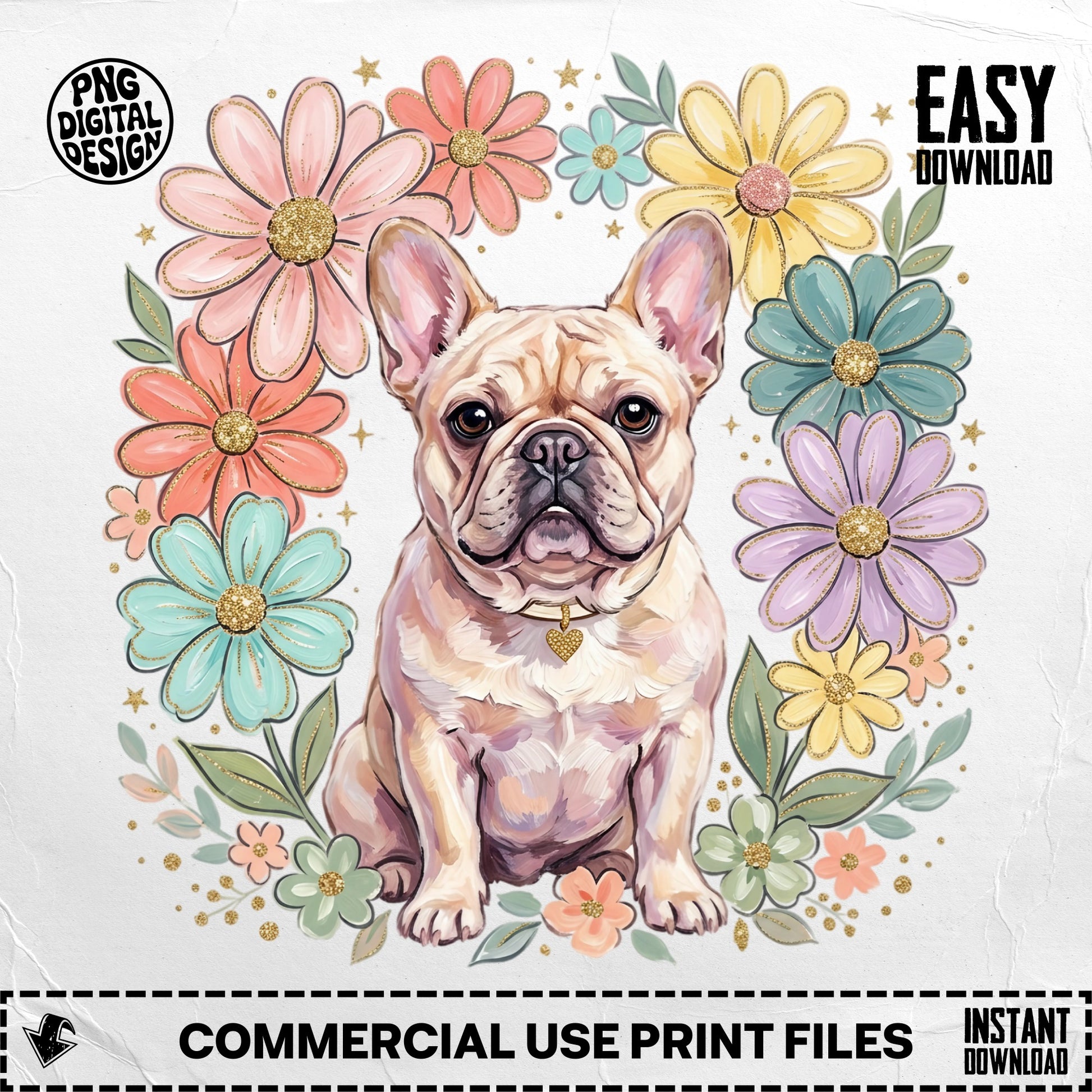French Bulldog surrounded by pastel flowers and glitter.