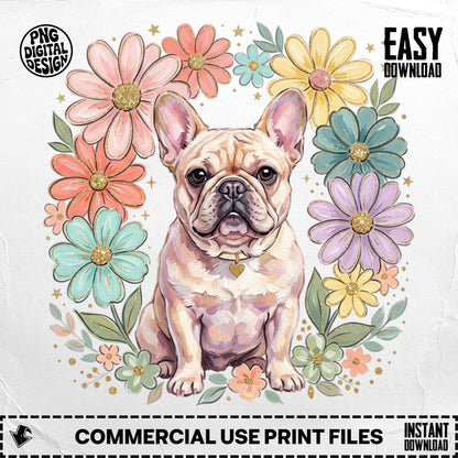 French Bulldog surrounded by pastel flowers and glitter.