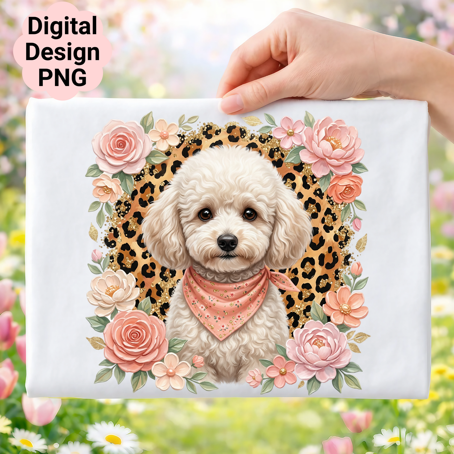 Poodle with pink bandana surrounded by floral wreath on leopard print background.