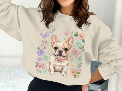 French bulldog wearing a bowtie surrounded by flowers and butterflies.