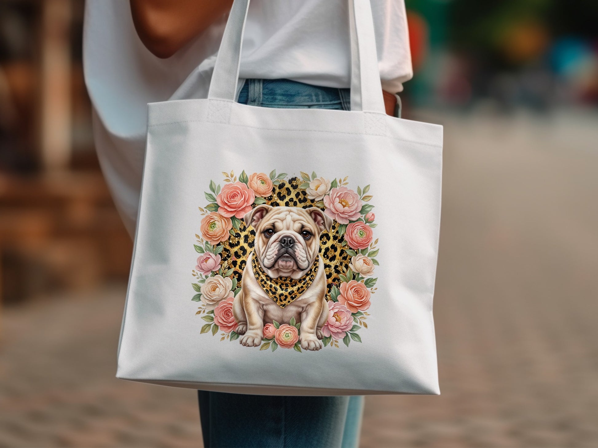 White tote bag with bulldog and floral wreath design.