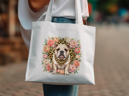 White tote bag with bulldog and floral wreath design.