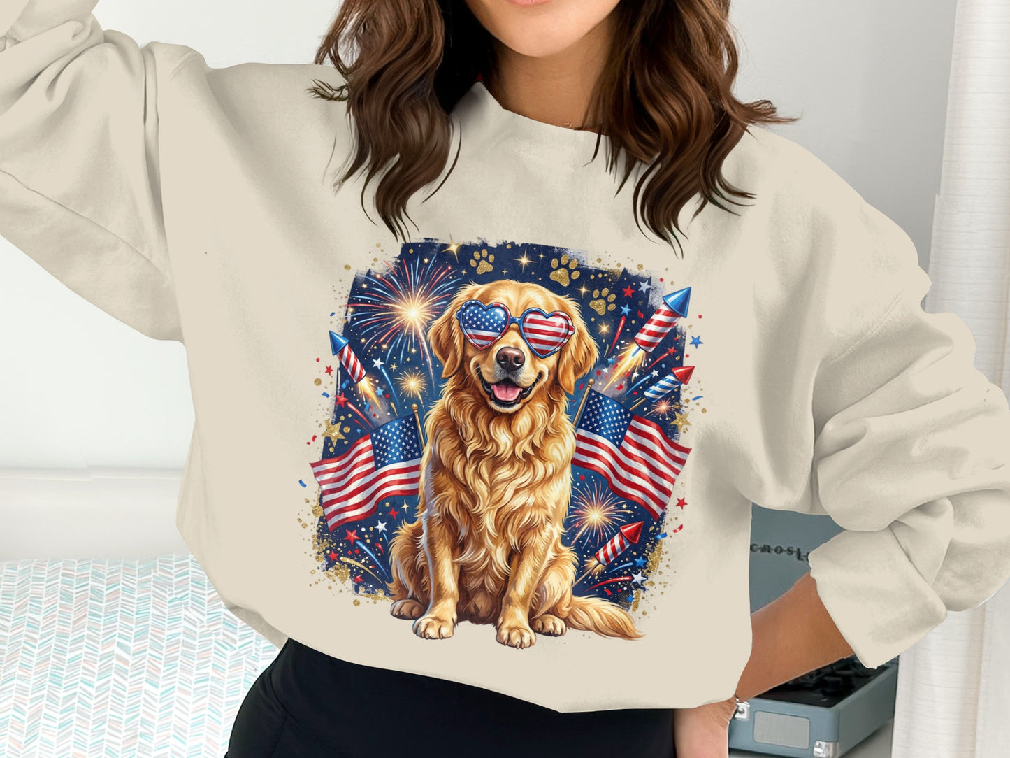 Golden retriever wearing American flag sunglasses with fireworks and USA flags.