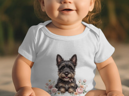 Baby in white onesie with a printed terrier dog and flowers.