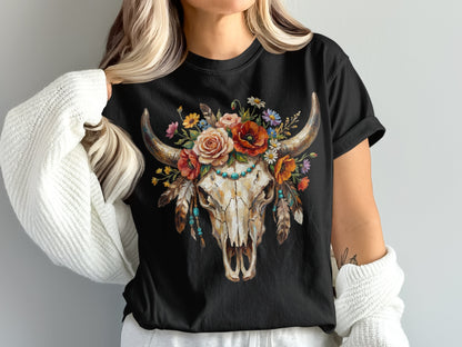 Black t-shirt with a bull skull adorned with colorful flowers and turquoise beads.