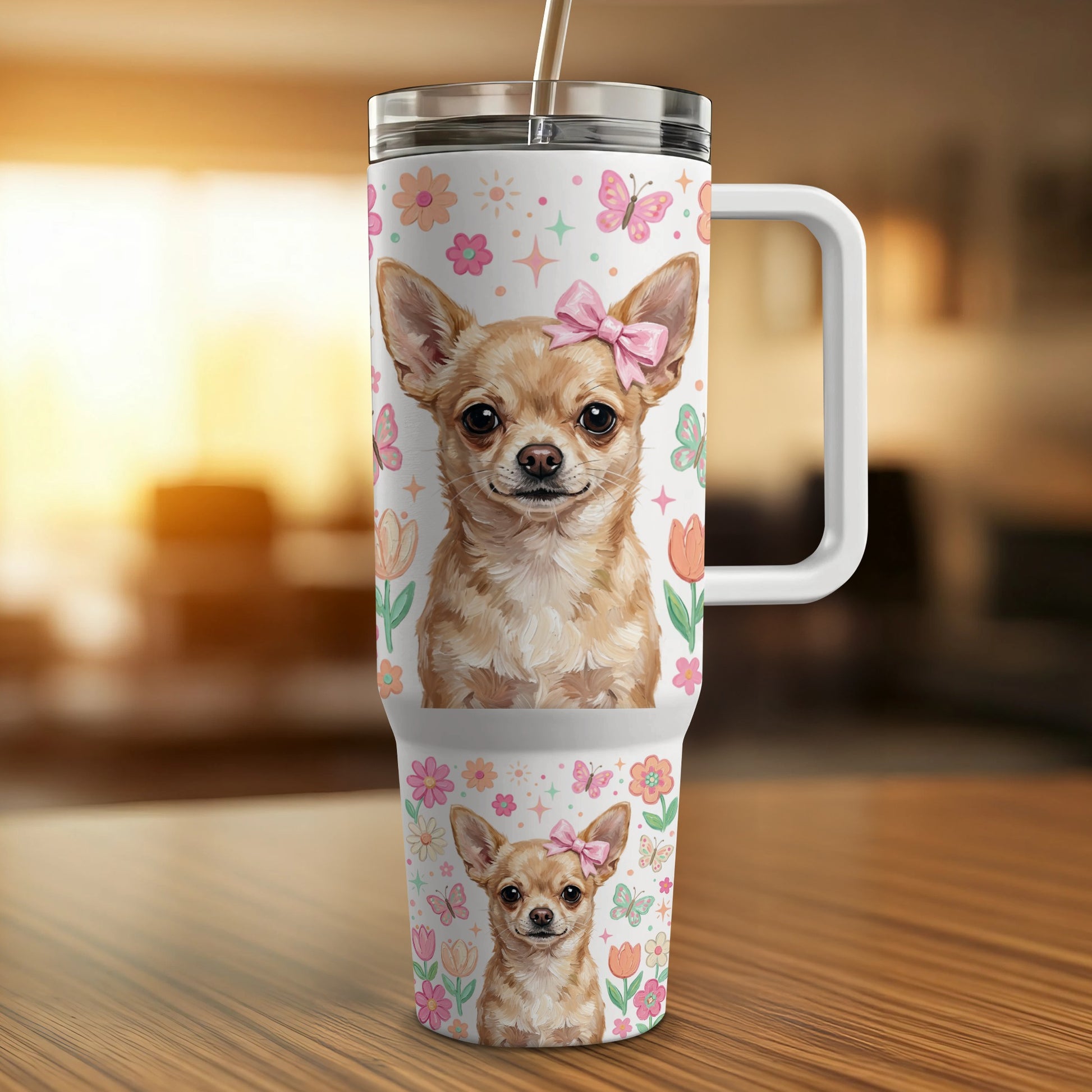 Chihuahua illustration on insulated travel tumbler with straw.