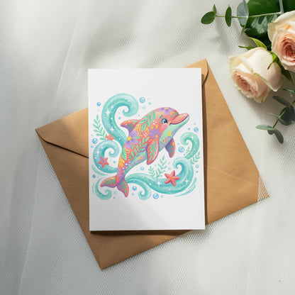 Colorful patterned dolphin with stars and bubbles on a card.