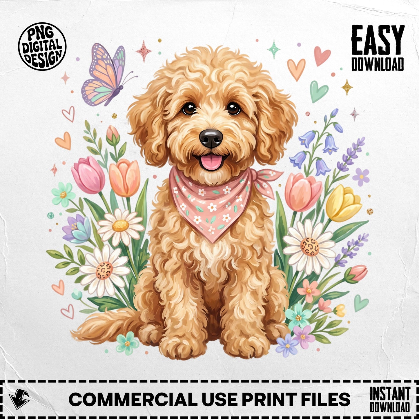 Fluffy goldendoodle puppy with pink bandana surrounded by flowers and butterflies.