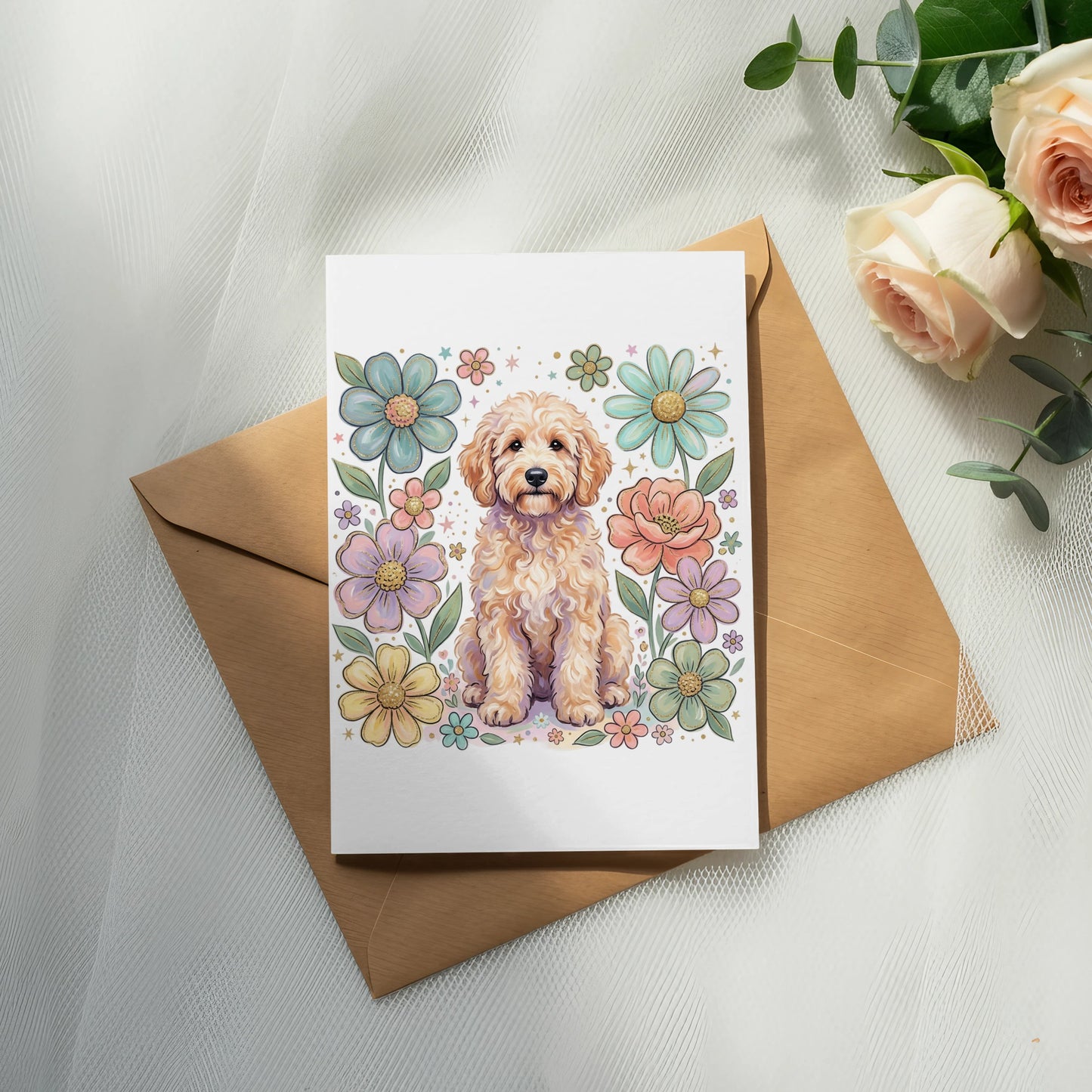 Card with doodle dog and pastel flowers, on brown envelope.