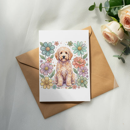 Card with doodle dog and pastel flowers, on brown envelope.