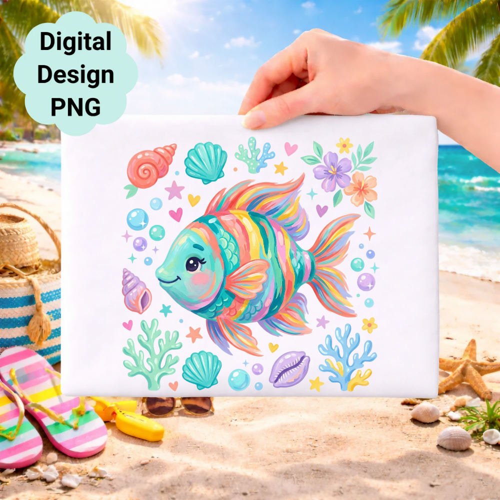 Colorful cartoon fish with shells and coral on beach background.